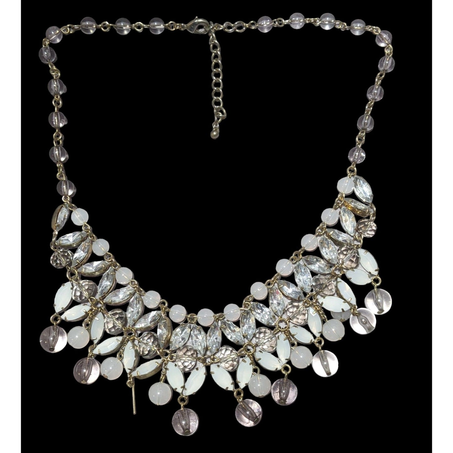 Elegant White And Silver Beaded Gem Bib Necklace