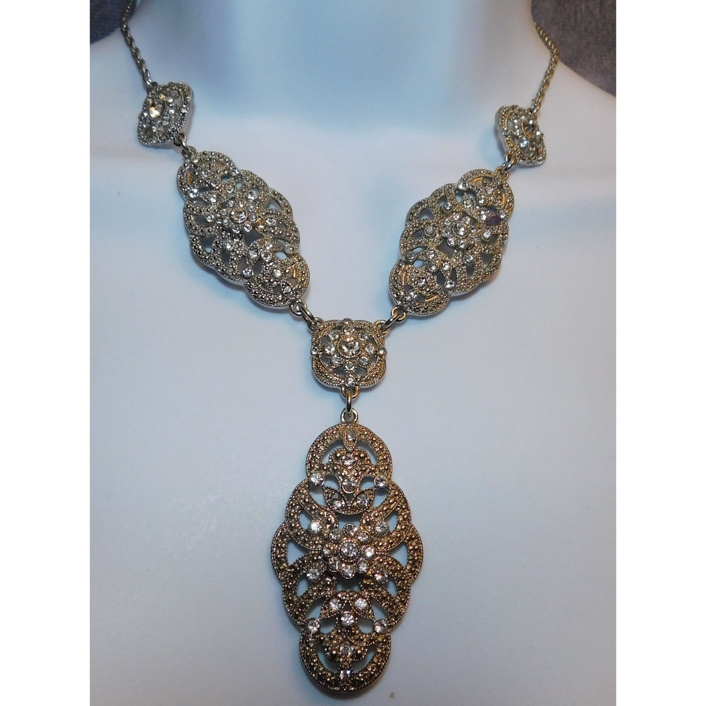 Silver Rhinestone Bridal Y Drop Necklace