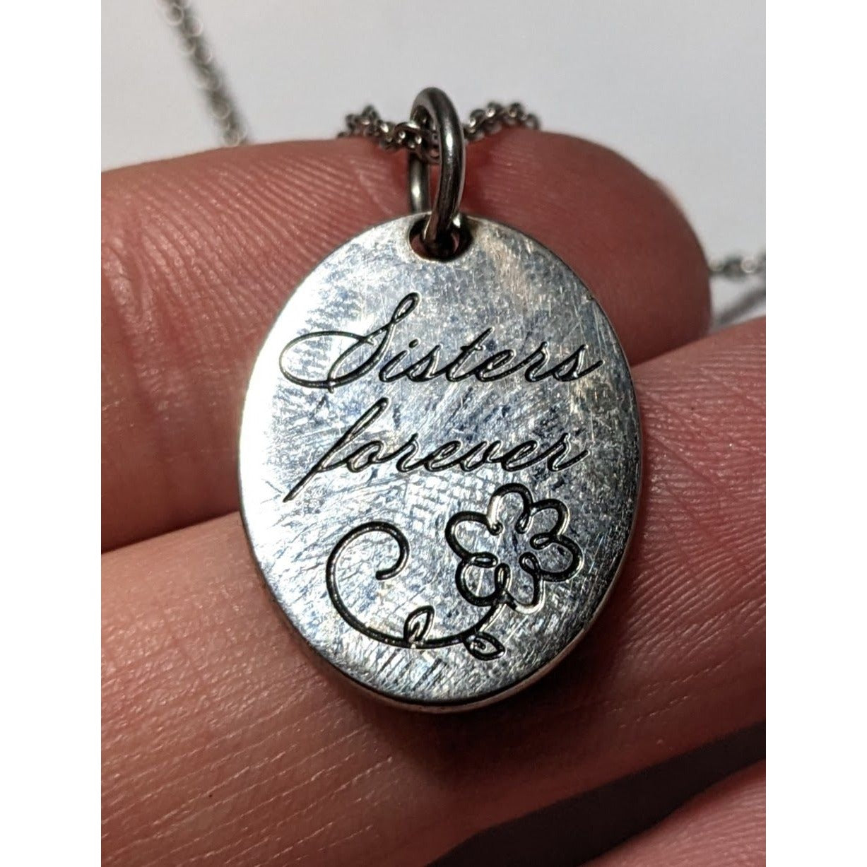 Sisters Forever Silver Floral Pendant Necklace