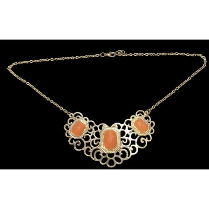 Vintage Gold Tone Filigree Necklace With Orange Stone Accents