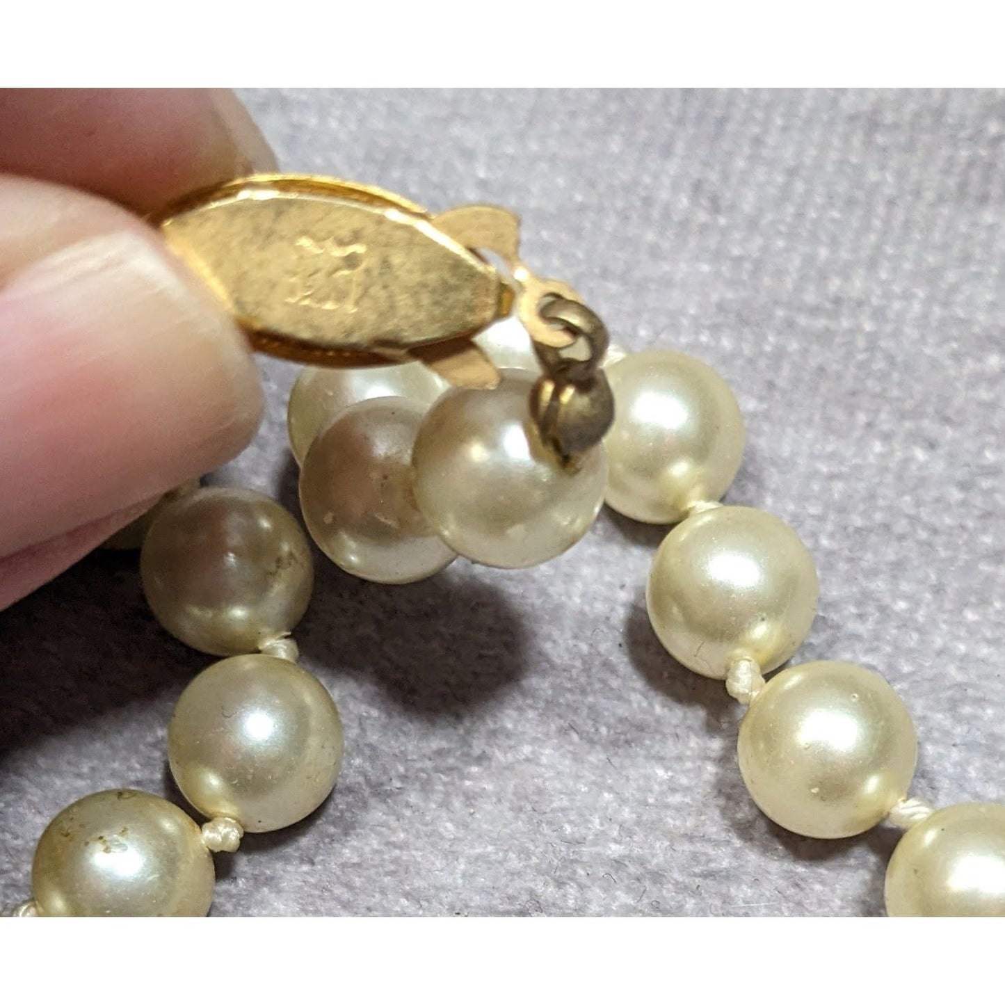 Vintage Faux pearl Beaded Necklace With Marked Clasp