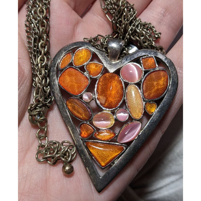 Pink And Orange Gemmed Heart Pendant Necklace