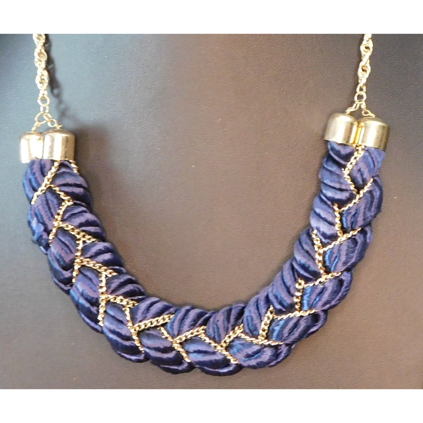 Regal Braided Statement Necklace Blue Fabric With Gold Tone Chain