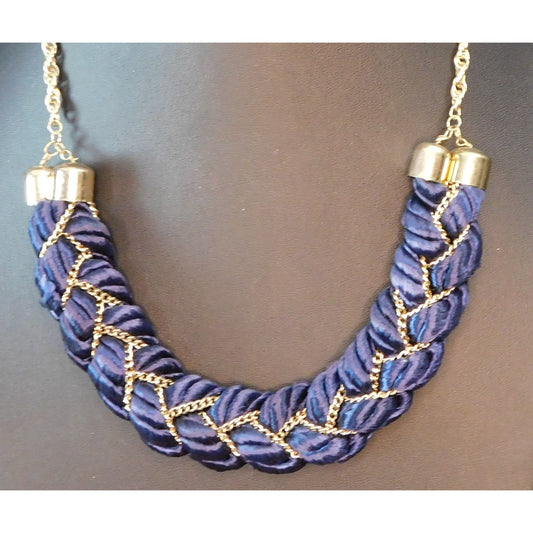 Regal Braided Statement Necklace Blue Fabric With Gold Tone Chain