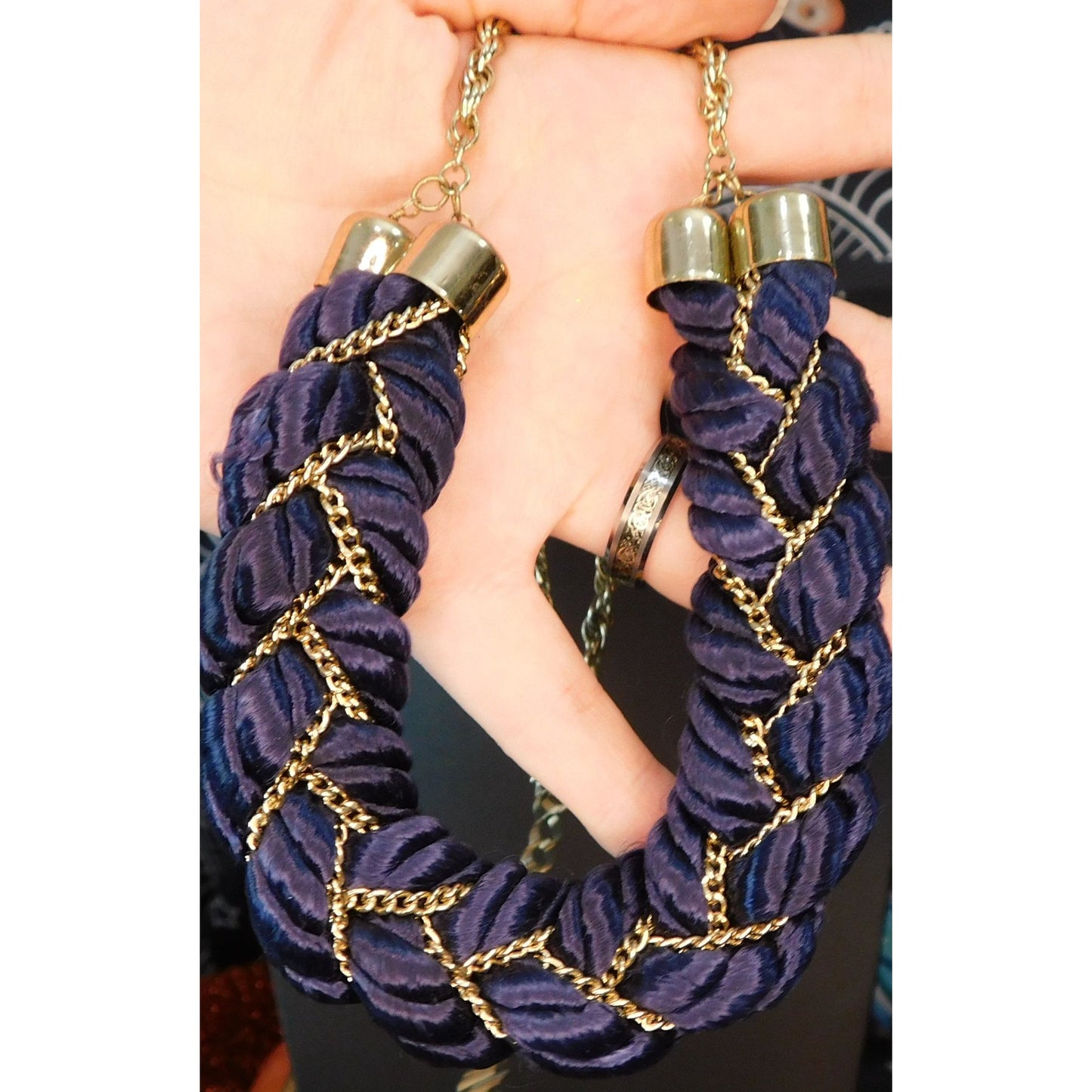Regal Braided Statement Necklace Blue Fabric With Gold Tone Chain