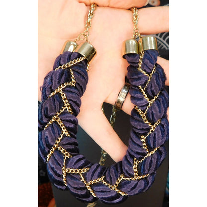 Regal Braided Statement Necklace Blue Fabric With Gold Tone Chain