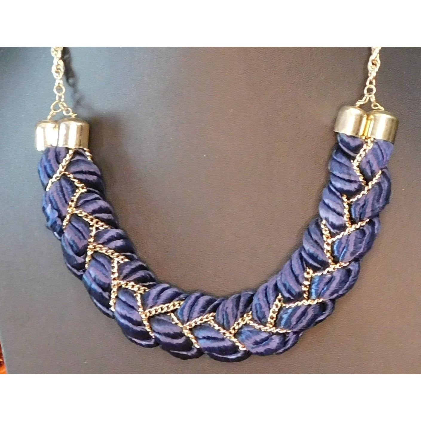 Regal Braided Statement Necklace Blue Fabric With Gold Tone Chain