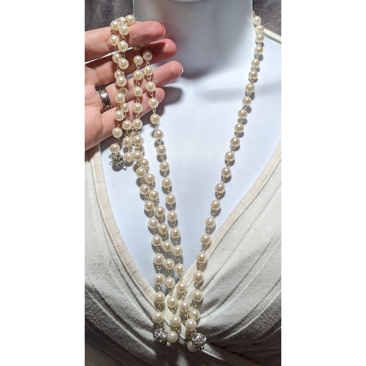 Vintage Roman Pearl Rhinestone Opera Necklace