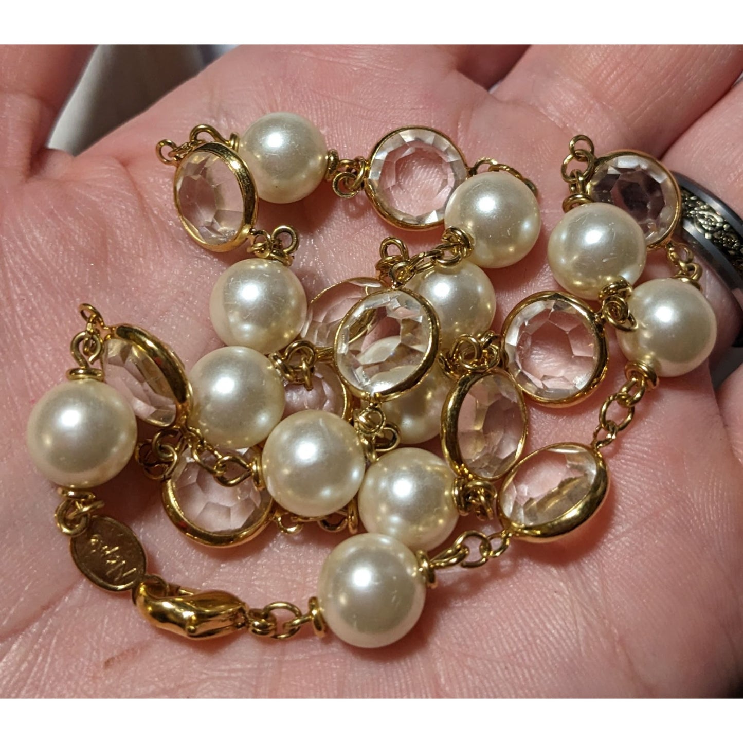 Vintage Napier Faux Pearl Gemmed Gold Necklace