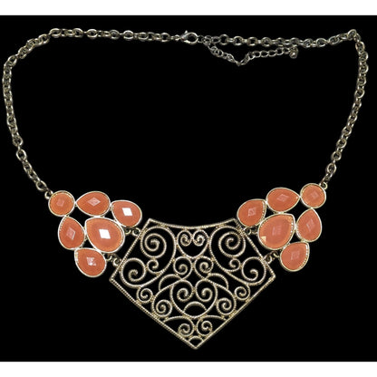 Vintage Gold Tone Filigree Bib Necklace With Orange Stones