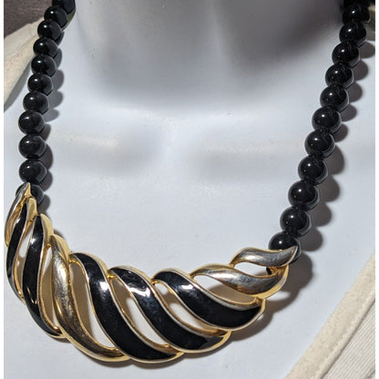 Monet Vintage Black And Gold Beaded Bib Necklace