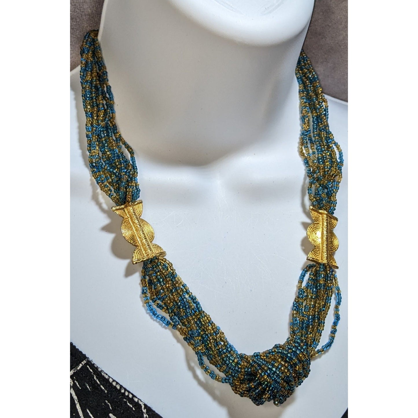Layered Blue Gold Glass Beaded Necklace Midcentury Regal Statement Jewelry