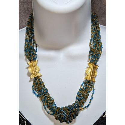 Layered Blue Gold Glass Beaded Necklace Midcentury Regal Statement Jewelry