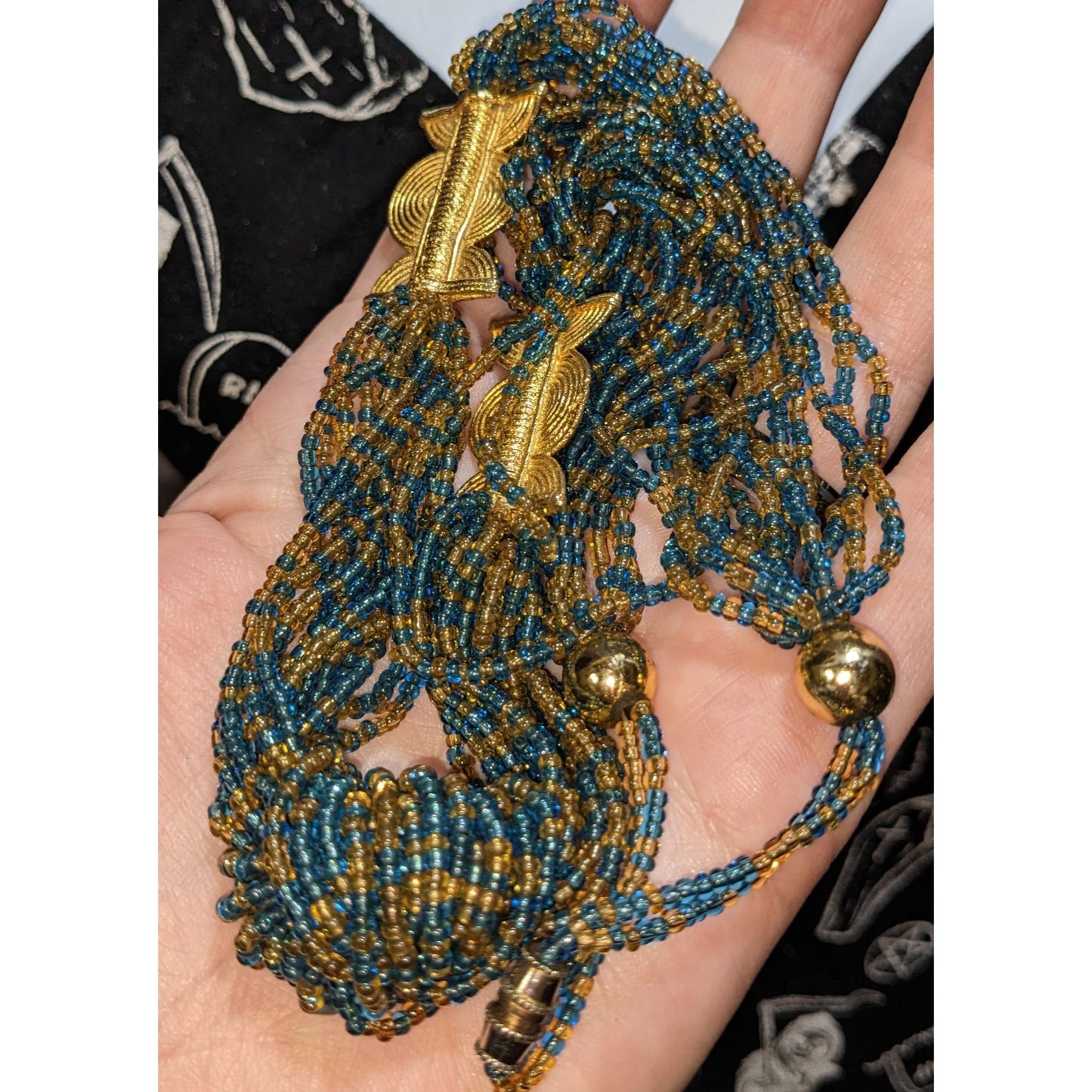 Layered Blue Gold Glass Beaded Necklace Midcentury Regal Statement Jewelry
