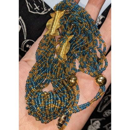 Layered Blue Gold Glass Beaded Necklace Midcentury Regal Statement Jewelry