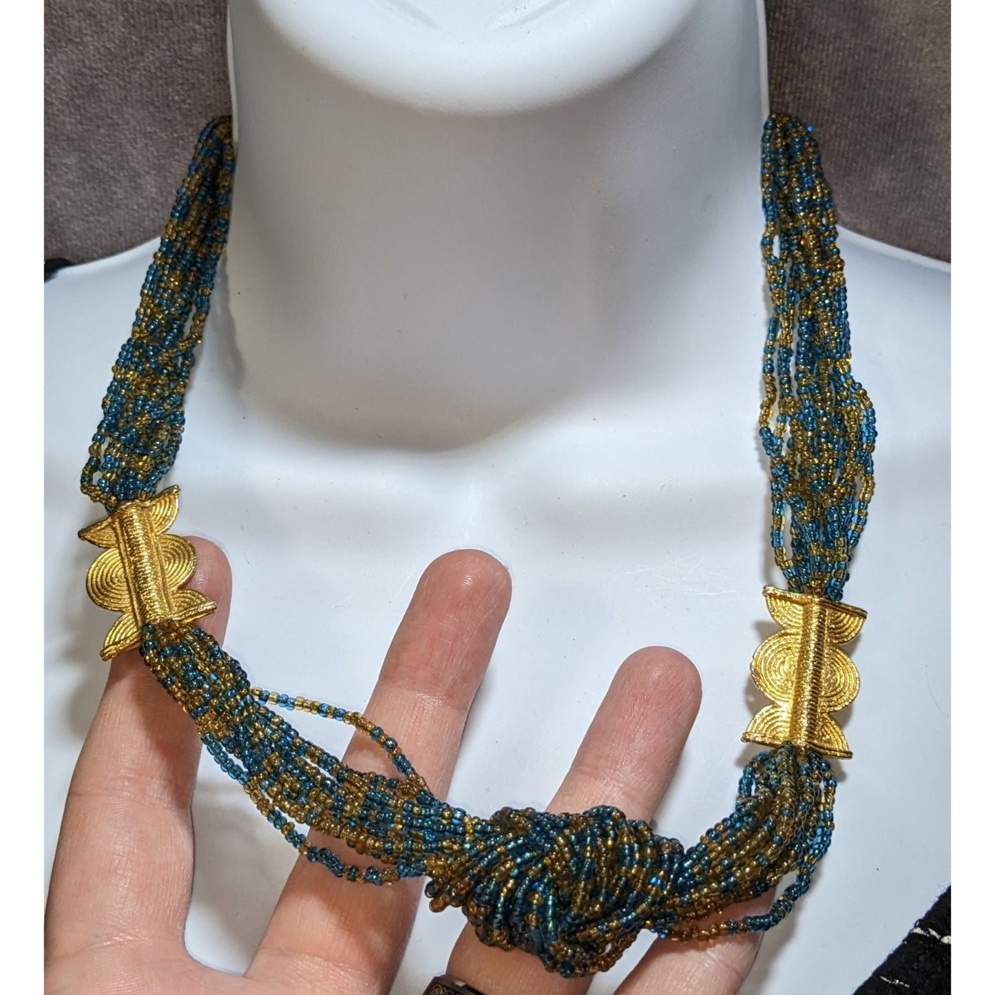 Layered Blue Gold Glass Beaded Necklace Midcentury Regal Statement Jewelry