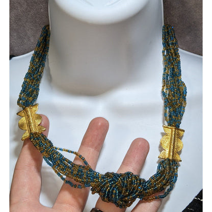 Layered Blue Gold Glass Beaded Necklace Midcentury Regal Statement Jewelry