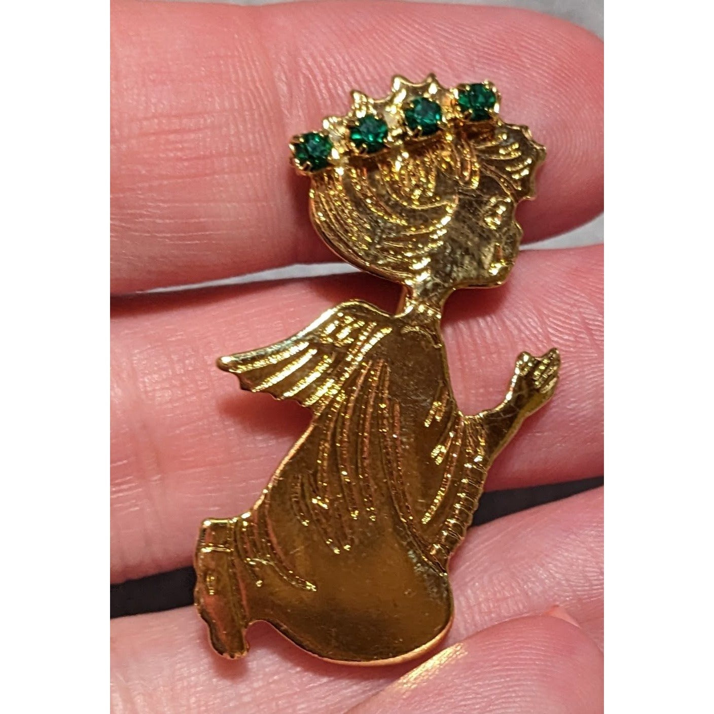 Vintage Gold Green Rhinestone Angel Brooch