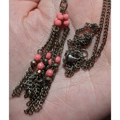 Pink And Silver Beaded Chain Tassel Necklace