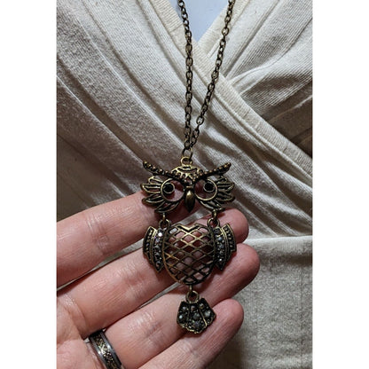 Vintage Brass Owl Pendant Necklace With Rhinestones