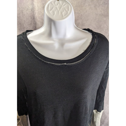 Americanable Black Grunge Top With Distressed Hem & Grey Ribbed Sleeves Side Zippers Made In USA Size Small
