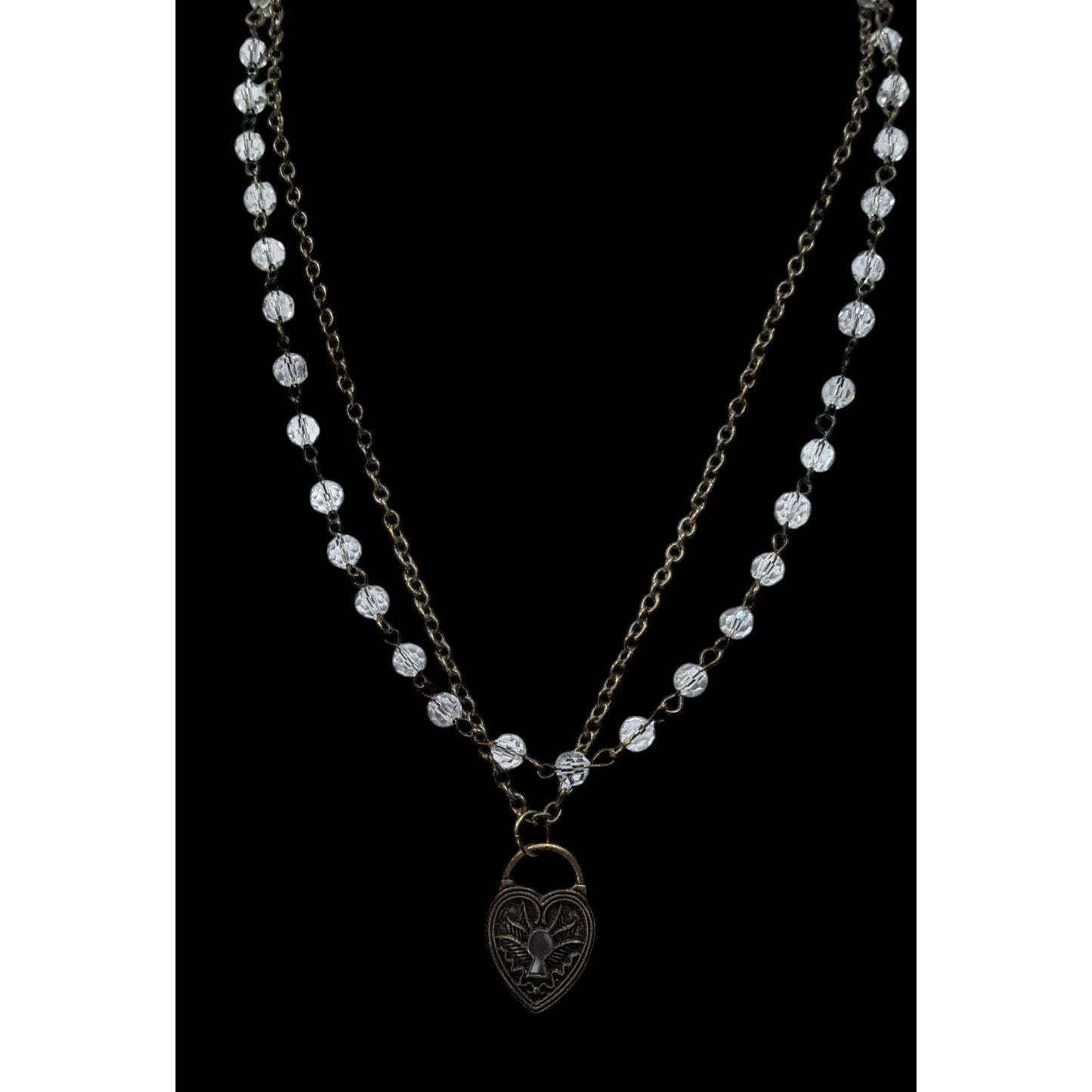 Coquette Steampunk Layered Beaded Heart Faux Lock Necklace