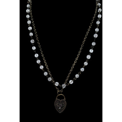 Coquette Steampunk Layered Beaded Heart Faux Lock Necklace