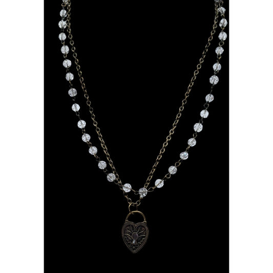 Coquette Steampunk Layered Beaded Heart Faux Lock Necklace