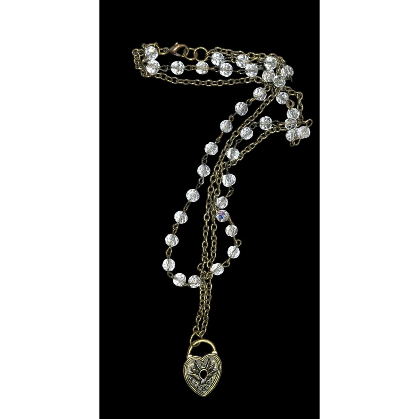 Coquette Steampunk Layered Beaded Heart Faux Lock Necklace