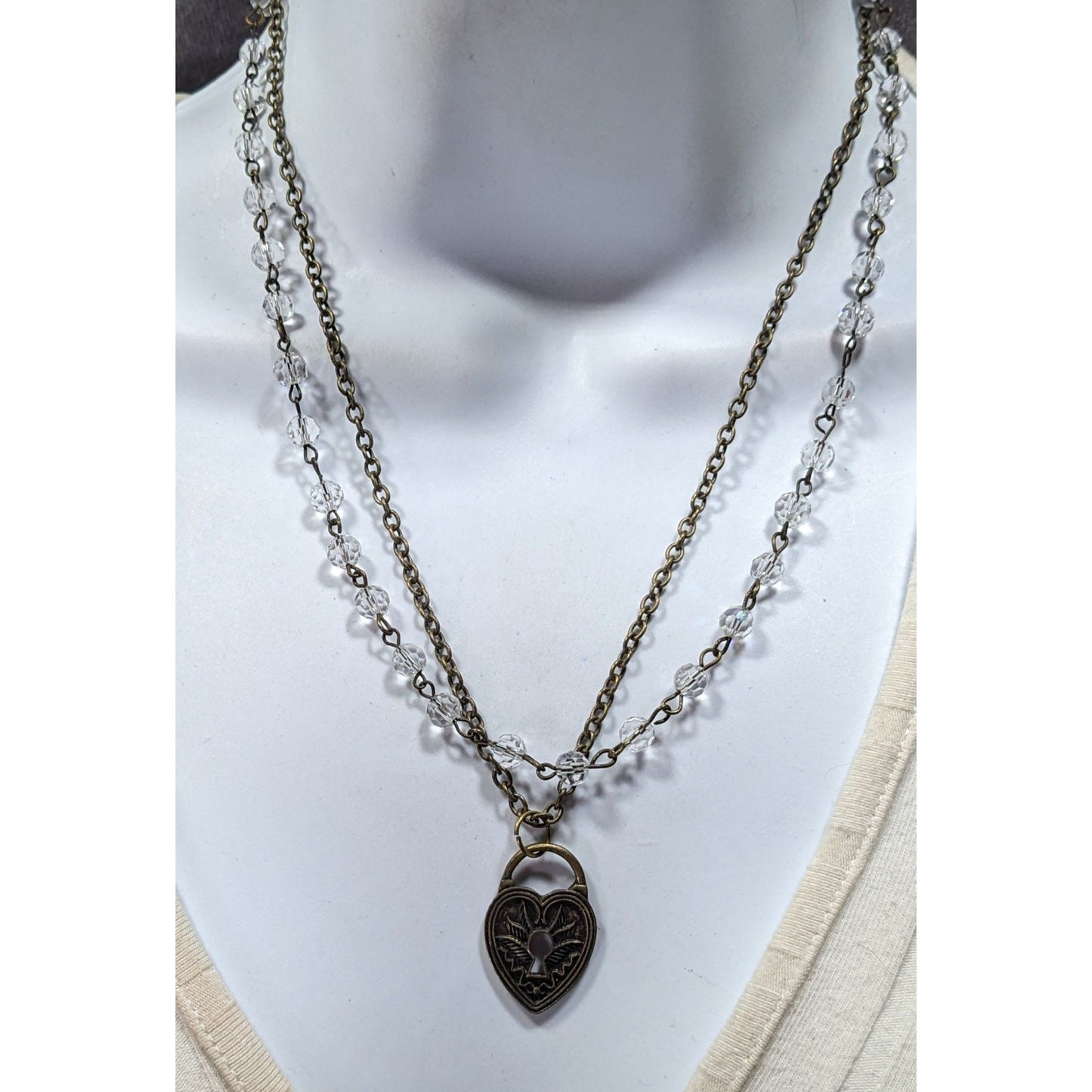 Coquette Steampunk Layered Beaded Heart Faux Lock Necklace