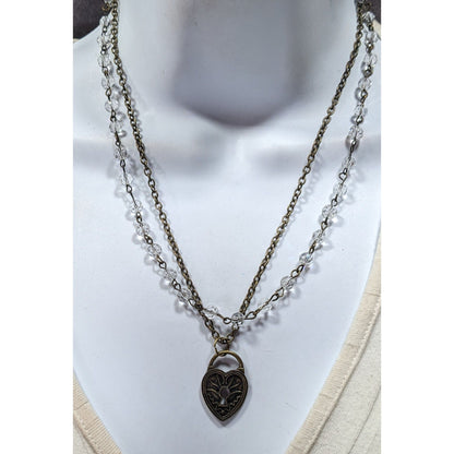 Coquette Steampunk Layered Beaded Heart Faux Lock Necklace
