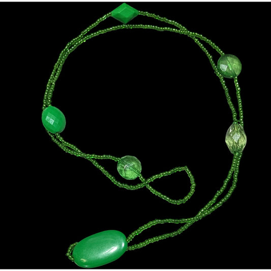 Long Green Beaded Necklace With Faceted & Smooth Beads Lightweight Statement Jewelry