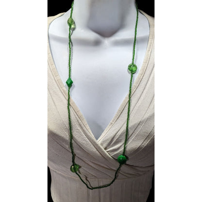 Long Green Beaded Necklace With Faceted & Smooth Beads Lightweight Statement Jewelry