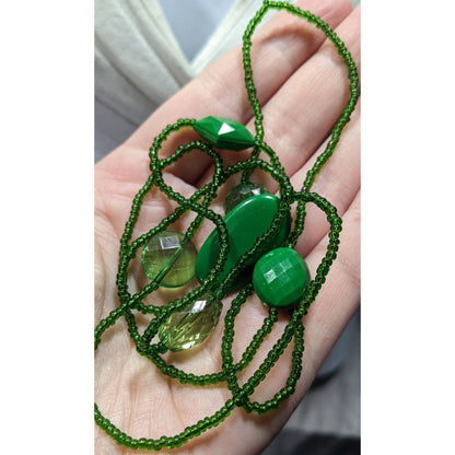 Long Green Beaded Necklace With Faceted & Smooth Beads Lightweight Statement Jewelry
