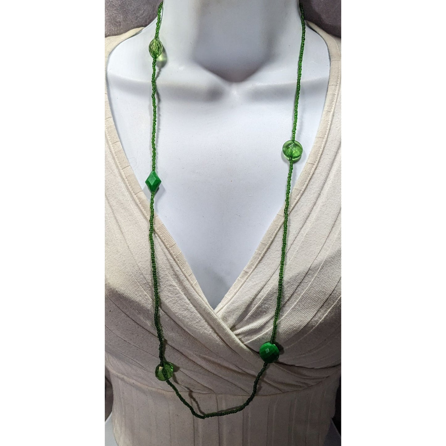 Long Green Beaded Necklace With Faceted & Smooth Beads Lightweight Statement Jewelry