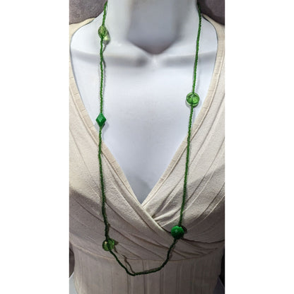 Long Green Beaded Necklace With Faceted & Smooth Beads Lightweight Statement Jewelry