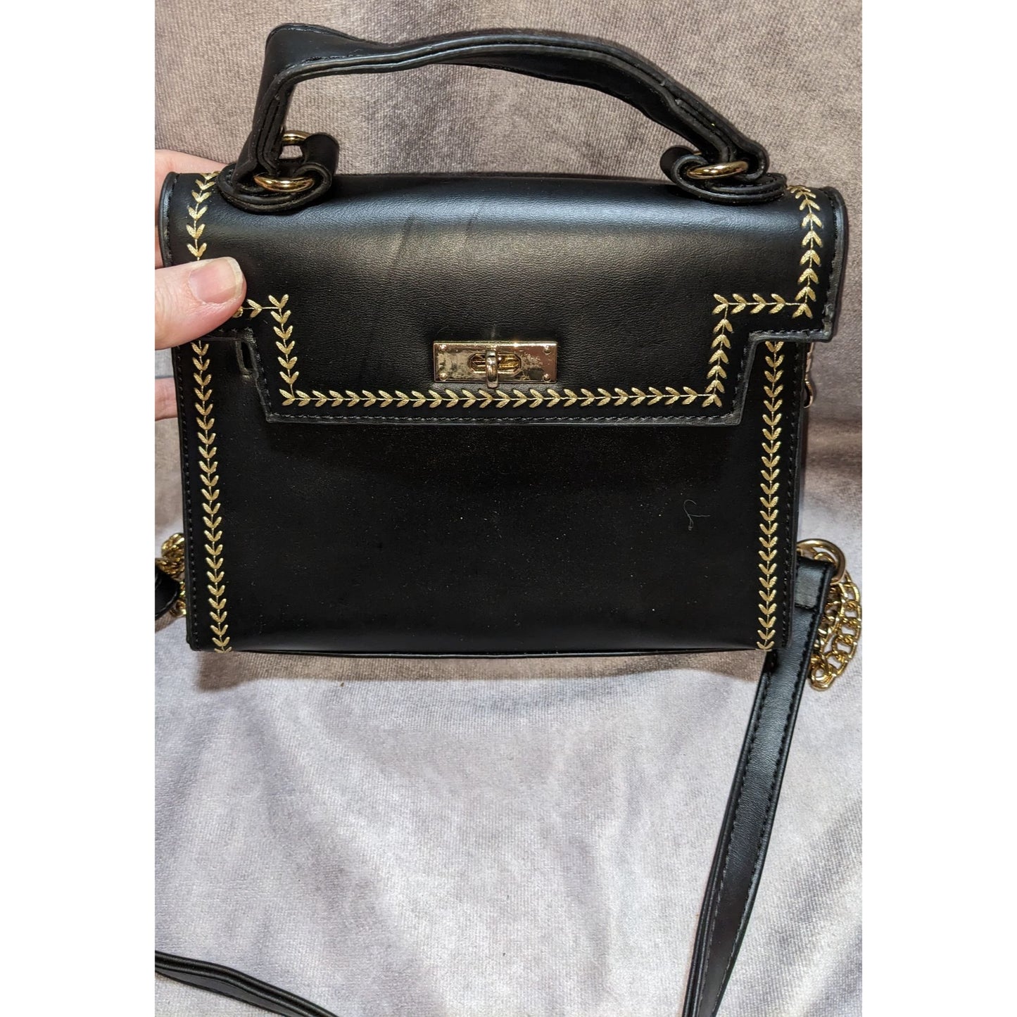 Black Faux Leather Satchel With Gold Stitching & Chain Strap
