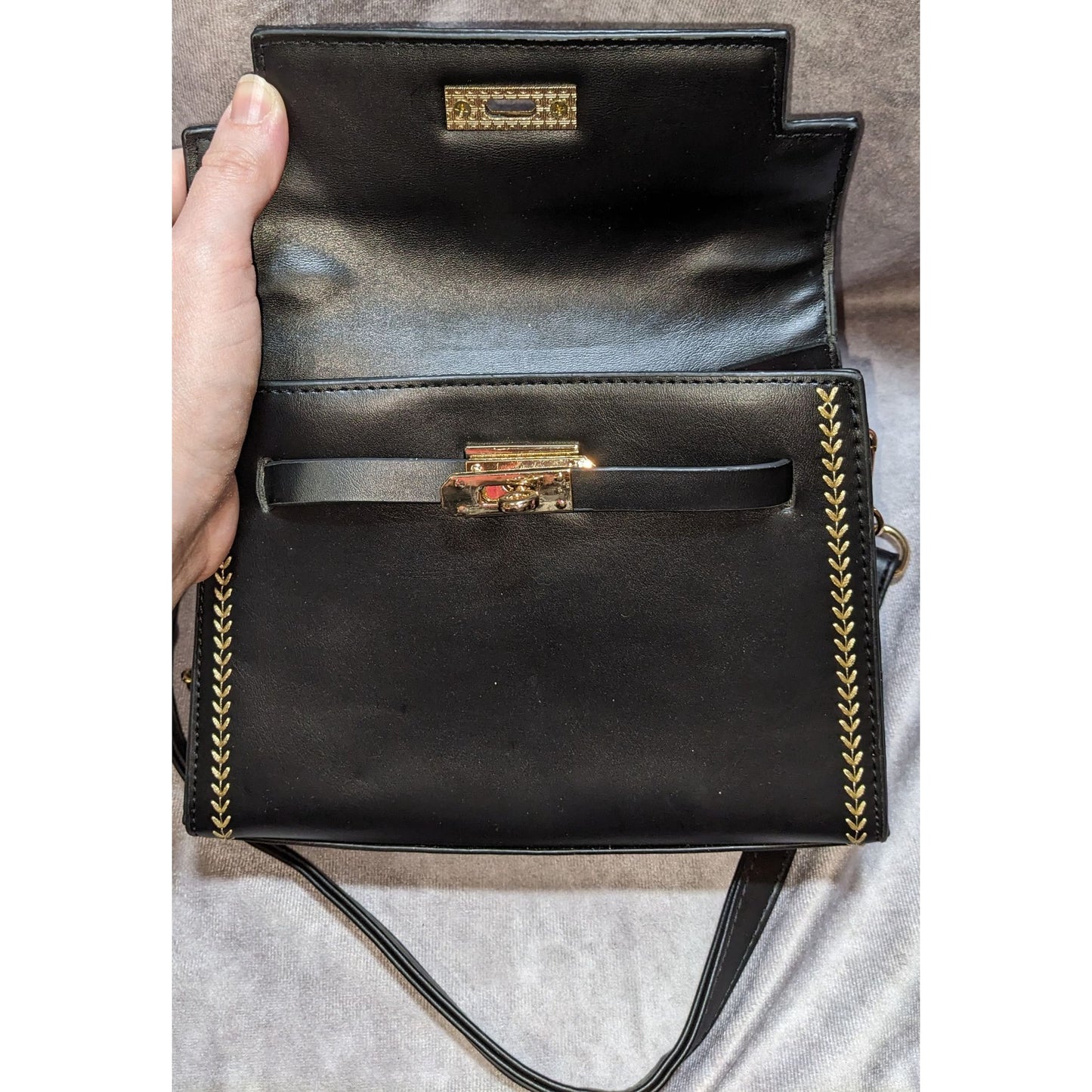 Black Faux Leather Satchel With Gold Stitching & Chain Strap