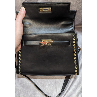 Black Faux Leather Satchel With Gold Stitching & Chain Strap
