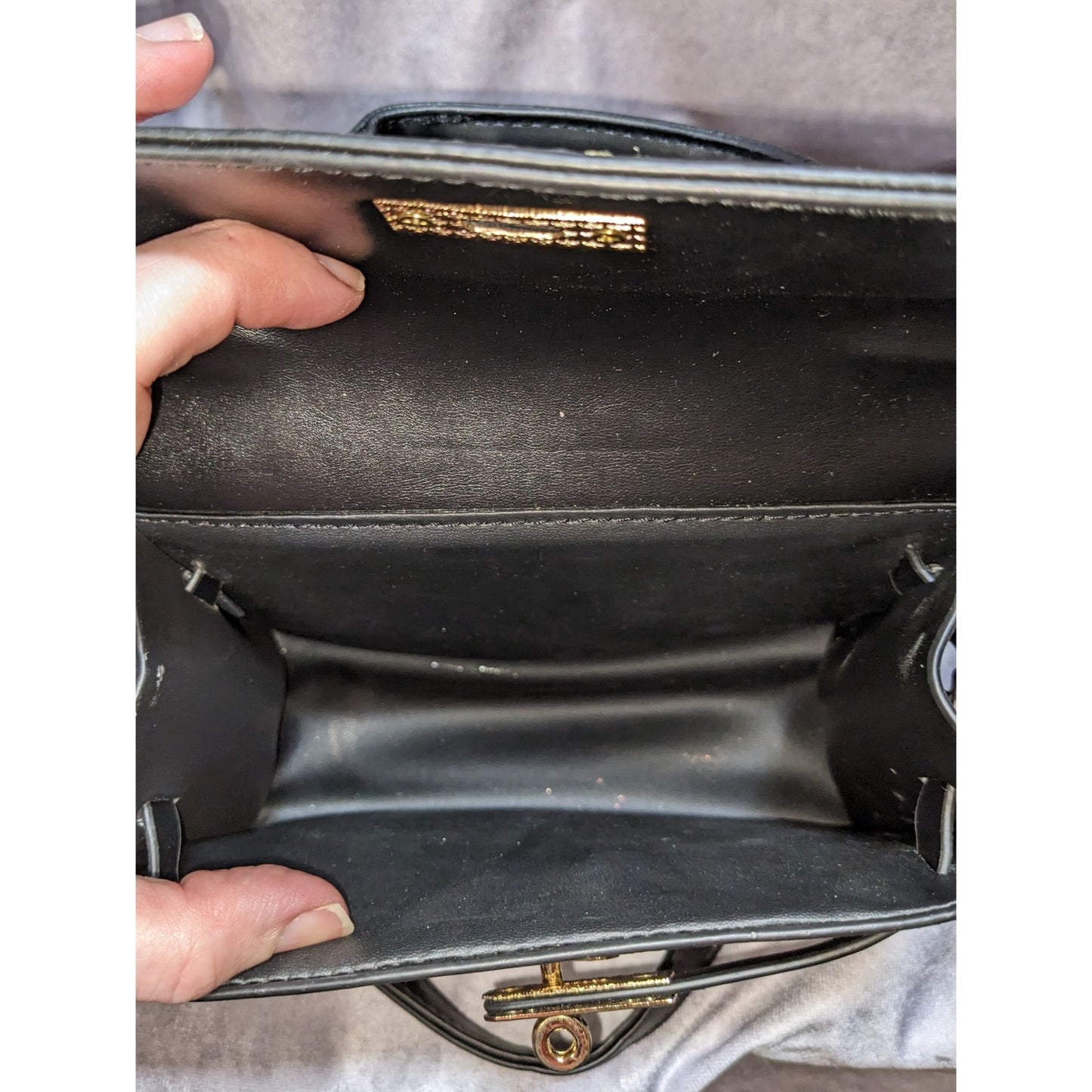 Black Faux Leather Satchel With Gold Stitching & Chain Strap