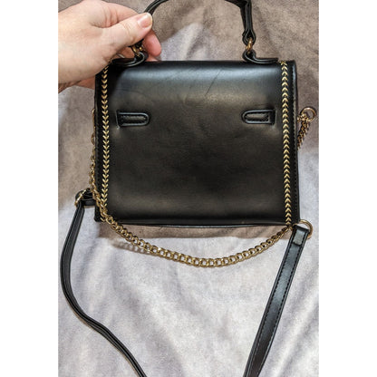 Black Faux Leather Satchel With Gold Stitching & Chain Strap