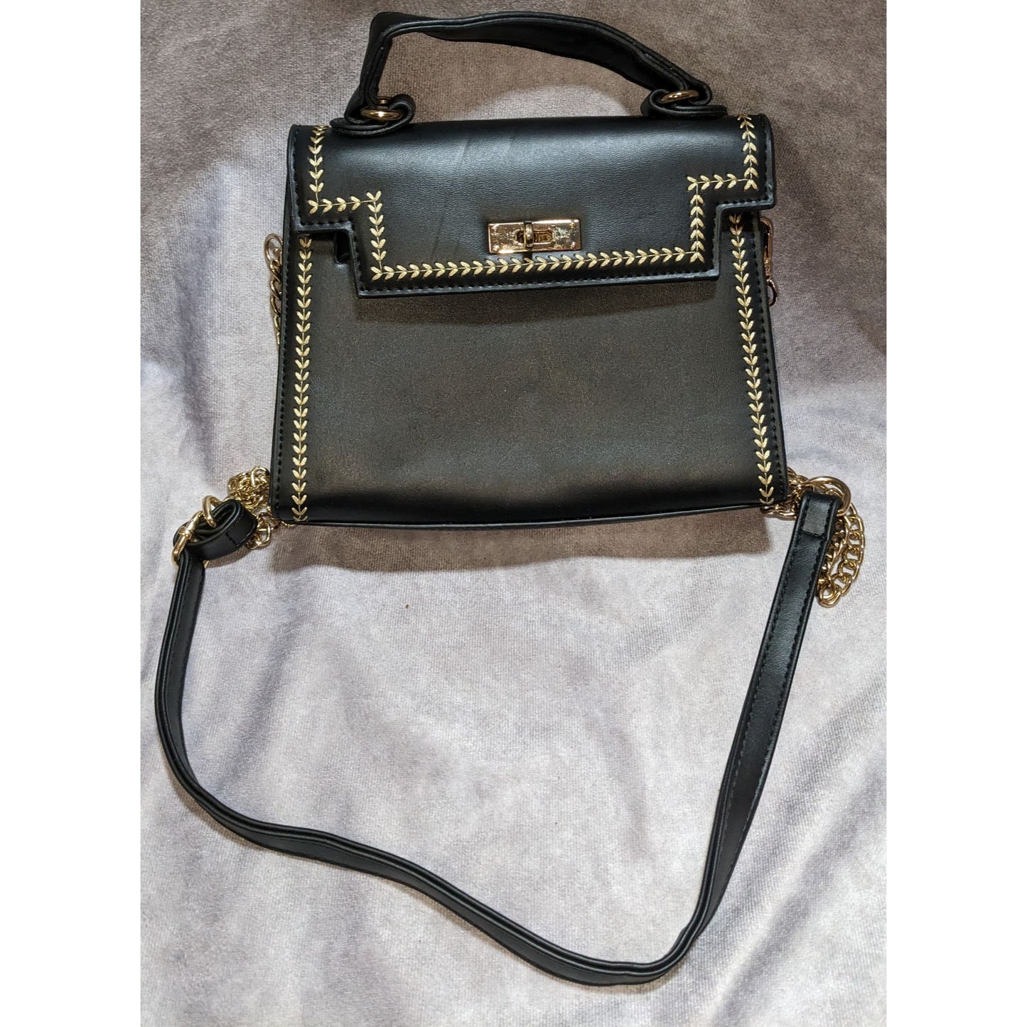 Black Faux Leather Satchel With Gold Stitching & Chain Strap