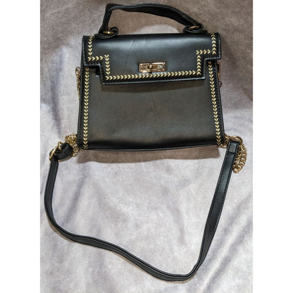 Black Faux Leather Satchel With Gold Stitching & Chain Strap