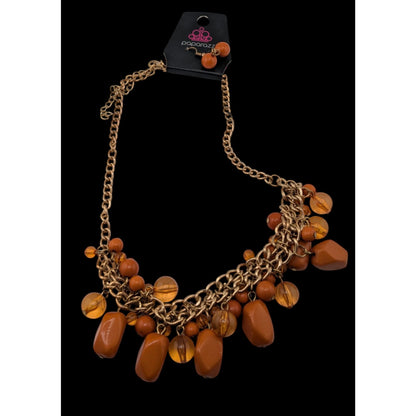 Paparazzi Boho Orange Amber Bead Cluster Bib Necklace Earrings Set NWT