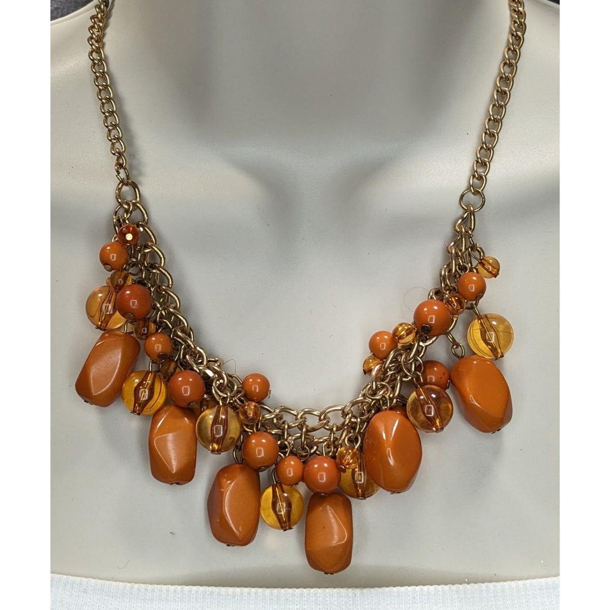 Paparazzi Boho Orange Amber Bead Cluster Bib Necklace Earrings Set NWT