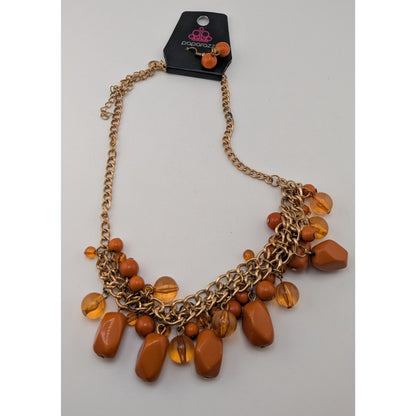 Paparazzi Boho Orange Amber Bead Cluster Bib Necklace Earrings Set NWT
