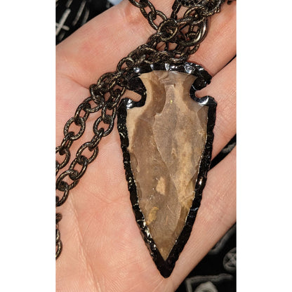 Stone Arrowhead Pendant Necklace Black Gunmetal Chain Rustic Tribal Boho Statement