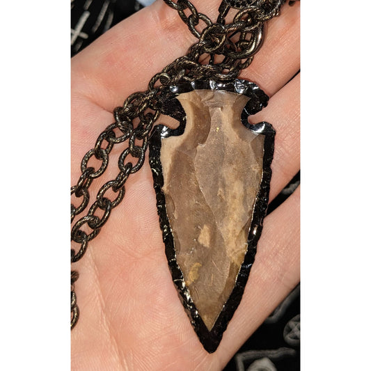 Stone Arrowhead Pendant Necklace Black Gunmetal Chain Rustic Tribal Boho Statement