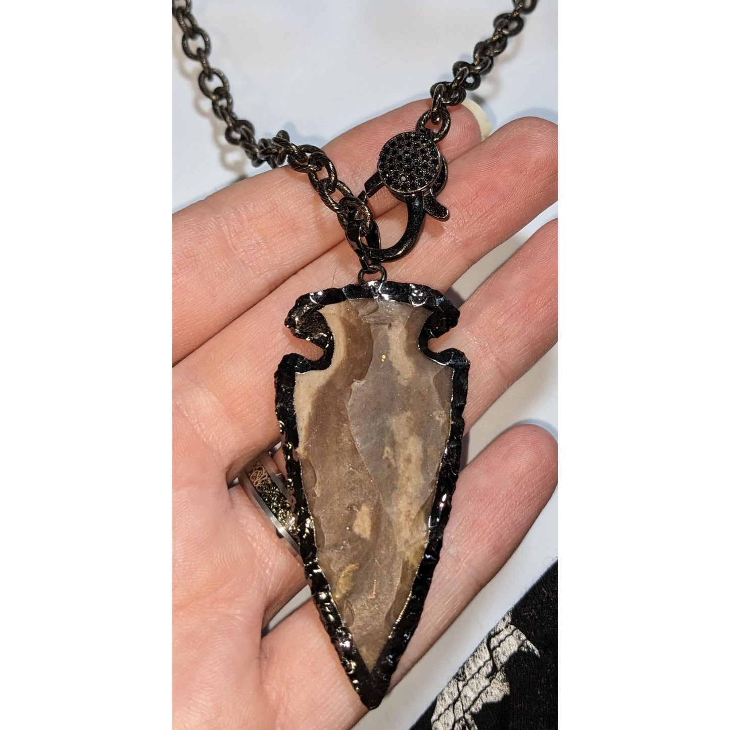 Stone Arrowhead Pendant Necklace Black Gunmetal Chain Rustic Tribal Boho Statement