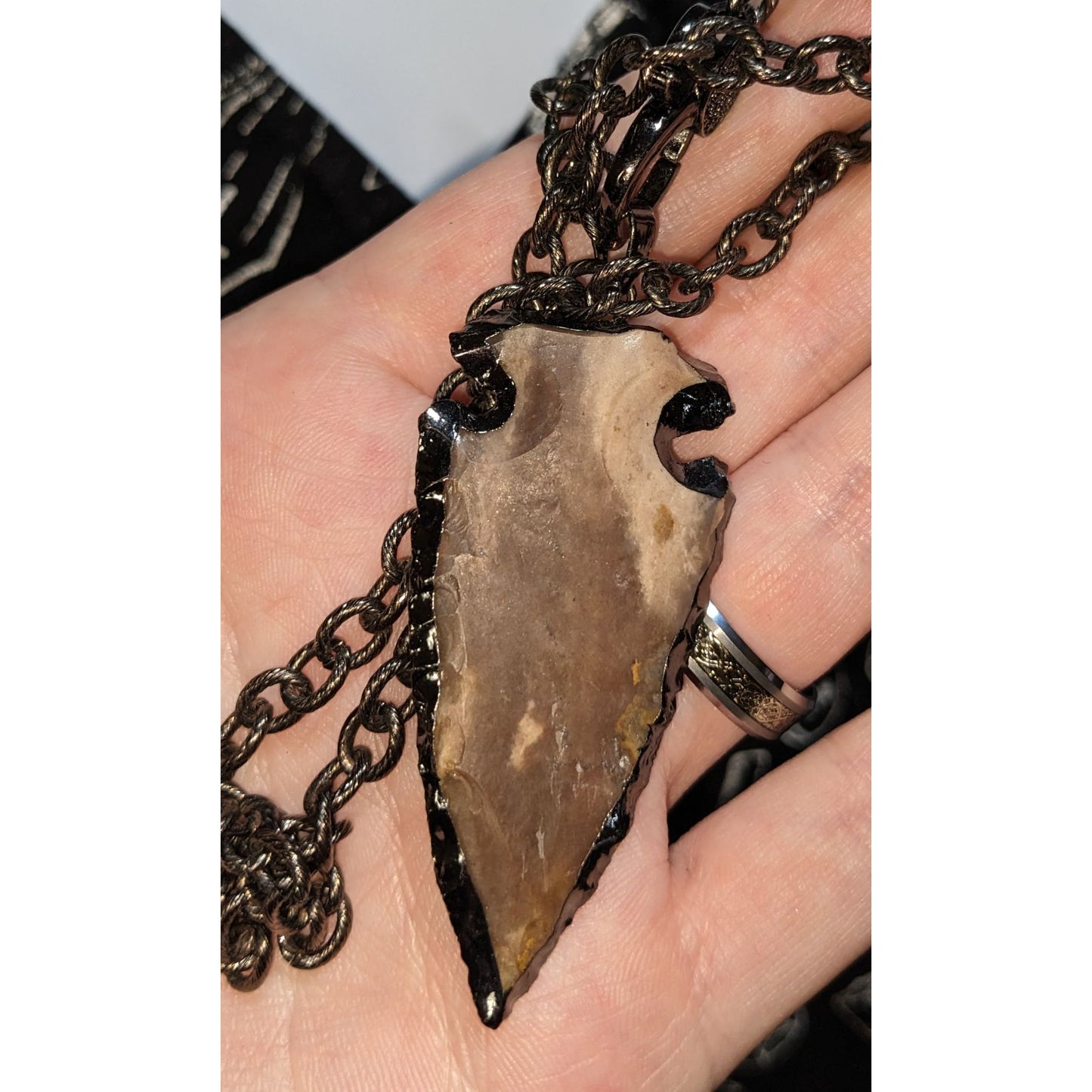 Stone Arrowhead Pendant Necklace Black Gunmetal Chain Rustic Tribal Boho Statement